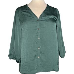 Vince Camuto Satin Balloon-Sleeve Button-up Blouse Top | Small, Teal Green